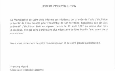 22 août 2022: levée avis d&rsquo;ébullition eau