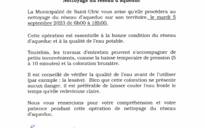 5 septembre 2023: nettoyage du réseau d&rsquo;aqueduc à Saint-Ulric