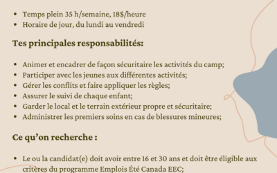 Offre d’emploi: animateurs camp de jour